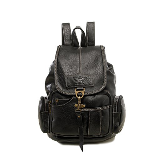 Fanshu Damen Mode Rucksack Vintage Style Leder Rucksack Schwarz von Fanshu