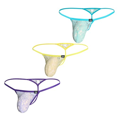 Faringoto Herren Sexy Spitzen-Dessous, Sissy Tanga, G-String Bulge Pouch Panties Bikini Slip, Blau + Pur+ Gelb, Large von Faringoto