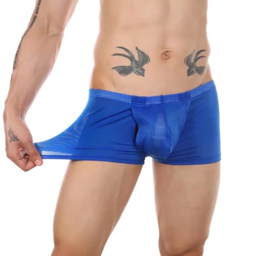 Faringoto Herren-Unterwäsche, transparent, Netzstoff, Boxershorts, atmungsaktiv, durchscheinend, seitlicher offener Schritt, Blau, Large von Faringoto