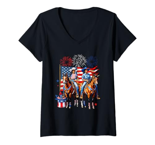 Damen Girls Women Boots Western Riding Horse 4th Of July Farmer T-Shirt mit V-Ausschnitt Damen Girls Women Boots Western Riding Horse 4th Of July Farmer T-Shirt mit V-Ausschnitt von Farmer 4th Of July Costume