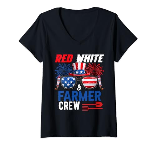 Damen Red White And Farmer Crew 4th July Proud Flag Sunglasses T-Shirt mit V-Ausschnitt von Farmer 4th Of July Costume