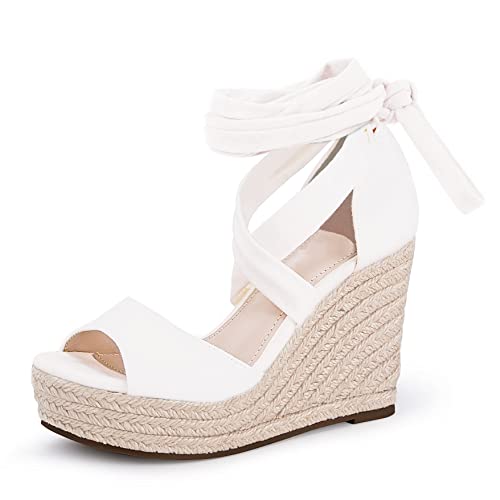 Espadrilles Damen-Sandalen, Keilabsatz, offener Zehenbereich, Schnürung, Plateau, Knöchelriemen, Sommerkleidschuhe, 4-weiß, 40 EU Espadrilles Damen-Sandalen, Keilabsatz, offener Zehenbereich, Schnürung, Plateau, Knöchelriemen, Sommerkleidschuhe, 4-weiß, 40 EU von Fashare