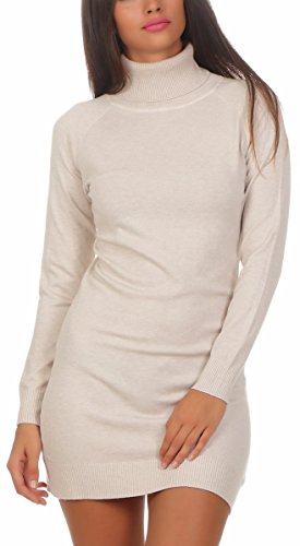 Fashion4Young 11392 Damen Feinstrick Pullover Strickkleid Strickpullover Rollkragen Minikleid Rollkragenpullover (L/XL=38/40, beige) von Fashion4Young