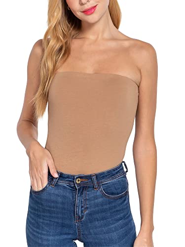 FashionMille Damen Tube Bandeau Baumwolle Spandex Jersey Bodysuit Trägerloses Top, Beige, Large von FashionMille