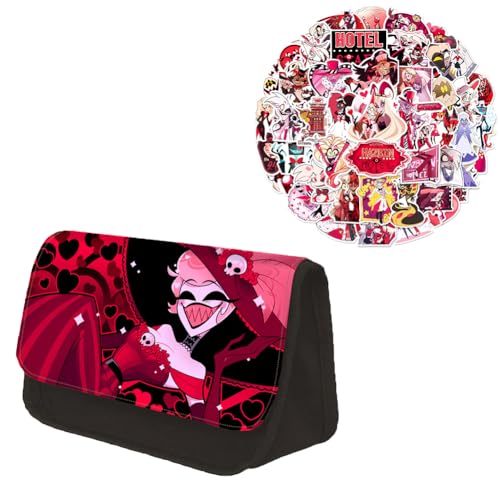 Fayeeda Hazbin Hotel Federmäppchen Alastor/Charlie Große Kapazität Pencil Case Federtaschen Set mit 56 Stück Anime Aufkleber von Fayeeda