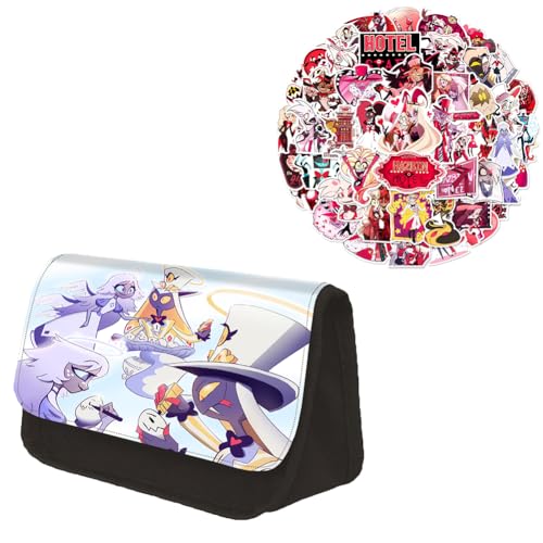 Fayeeda Hazbin Hotel Federmäppchen Alastor/Charlie Große Kapazität Pencil Case Federtaschen Set mit 56 Stück Anime Aufkleber von Fayeeda