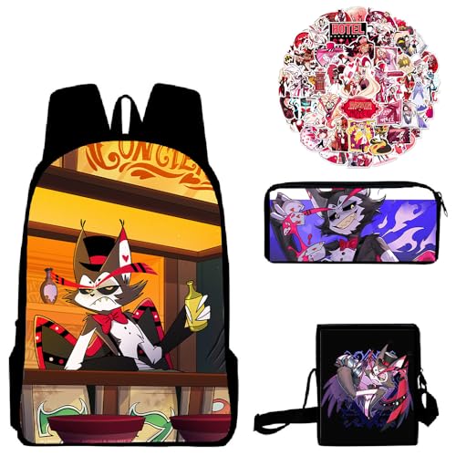 Fayeeda Hazbin Hotel Rucksäcke Set 3tlg Stifttasche Umhängetasche Anime Druck Schultasche Teenager Rucksack mit 56 Stück Anime Aufkleber von Fayeeda