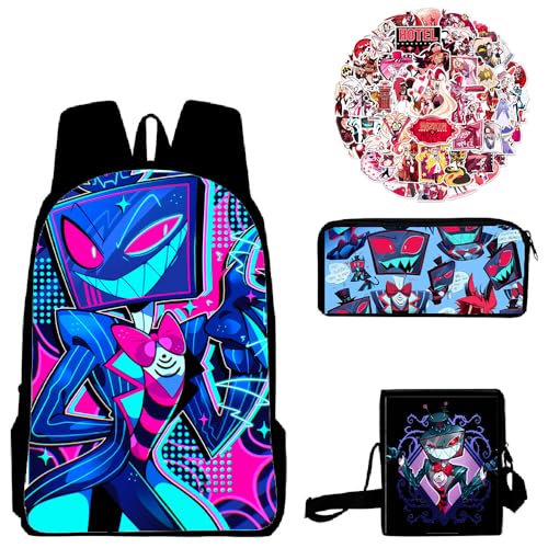 Fayeeda Hazbin Hotel Rucksäcke Set 3tlg Stifttasche Umhängetasche Anime Druck Schultasche Teenager Rucksack mit 56 Stück Anime Aufkleber von Fayeeda