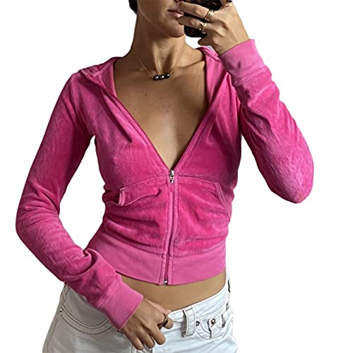 Damen 2-teiliges Samt-Sweatanzug-Set Herz-Druck Langarm CroppedZipper Hoodie und Sweatpants Y2K Trainingsanzug-Set, Rosy Tops#1, 38 von FeMereina