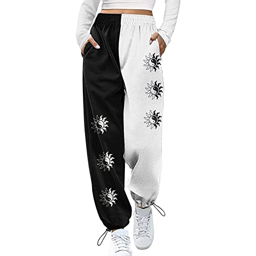 Damen-Jogginghose mit Farbblock, lockerer Druck, elastisch, hohe Taille, Baggy, Yoga, sportlich, lässig, Laufen, Fitness, Joggen, I Yin Yang, S von FeMereina