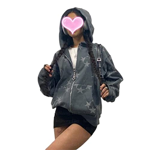 Damen Y2k Zip Up Hoodies Langarm Grafik Stern Print Kapuzenjacke Oversized Goth Harajuku Sweatshirt Punk Grunge Streetwear, a, 42 Damen Y2k Zip Up Hoodies Langarm Grafik Stern Print Kapuzenjacke Oversized Goth Harajuku Sweatshirt Punk Grunge Streetwear, a, 42 von FeMereina