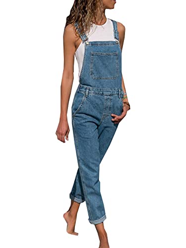 FeMereina Damen Casual Stretch Verstellbare Träger Taschen Denim Latzhose Jeans Hose Gerollte Bündchen Knöchellang Jumpsuits, blau, 38 von FeMereina