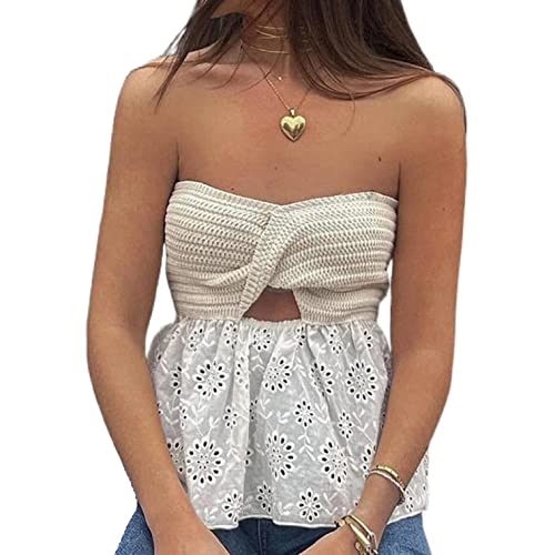Frauen Twist Knot Front Knit Tube Tank Top Sleeveless Off Shoulder Strapless Mesh Patchwork Backless Crop Camisole Hollow Out Bandeau Top, weiß, M Frauen Twist Knot Front Knit Tube Tank Top Sleeveless Off Shoulder Strapless Mesh Patchwork Backless Crop Camisole Hollow Out Bandeau Top, weiß, M von FeMereina