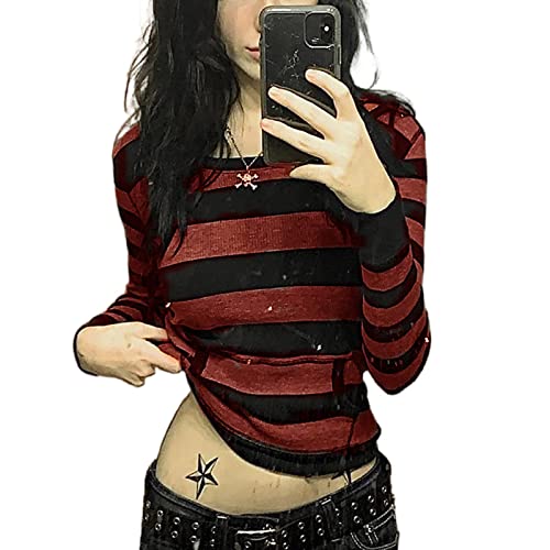Gothic-Shirt für Damen, langärmelig, Vintage-Kreuzdruck, bauchfreies Top, Rundhalsausschnitt, ästhetisch, schmal, bauchfrei, T-Shirt, Grunge-Kleidung, Dunkelrot., X-Large Gothic-Shirt für Damen, langärmelig, Vintage-Kreuzdruck, bauchfreies Top, Rundhalsausschnitt, ästhetisch, schmal, bauchfrei, T-Shirt, Grunge-Kleidung, Dunkelrot., X-Large von FeMereina