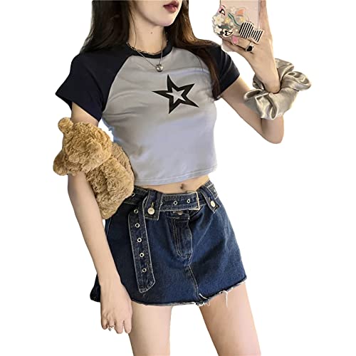 Y2k Damen Mädchen Y2k Vintage Stern Grafik Print Crop Tops Kontrastfarbe Fairy Grunge Kurzarm T-Shirts Ästhetische Harajuku Steetwear, blau / schwarz, Large von FeMereina