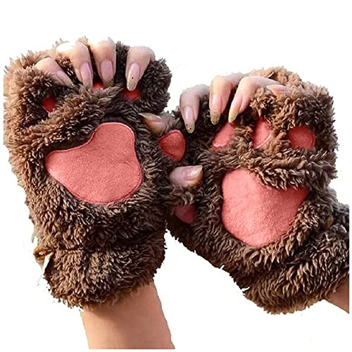 Damen Kawaii Handschuhe Plüsch Kunstfell Cosplay Katzenpfote Fingerlose Handschuhe Mädchen Stoff Halbfinger Handschuhe, coffee, One size von Feaolala