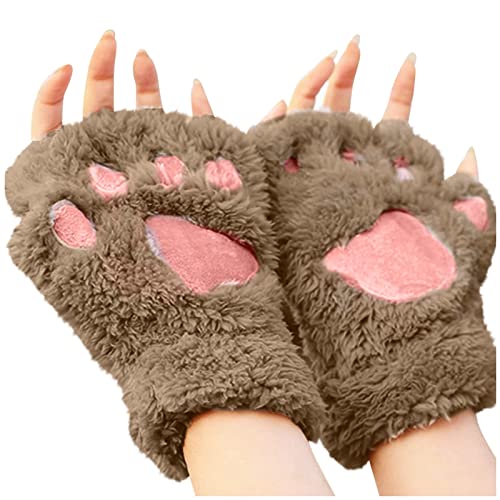 Damen Kawaii Handschuhe Plüsch Kunstfell Cosplay Katzenpfote Fingerlose Handschuhe Mädchen Stoff Halbfinger Handschuhe, khaki, One size von Feaolala