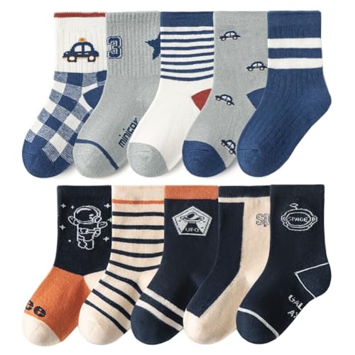 FedMois 10er Pack Kinder Socken Jungen Mädchen Strümpfe Baumwolle, Astronaut und Auto, Gr. 19-22 von FedMois