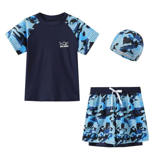 FedMois Kinder Jungen Badeanzug 3-teiliges Schwimmkleidung Set Badeshirt Badeshorts Bademütze, Blau, 7-9 Jahre FedMois Kinder Jungen Badeanzug 3-teiliges Schwimmkleidung Set Badeshirt Badeshorts Bademütze, Blau, 7-9 Jahre von FedMois