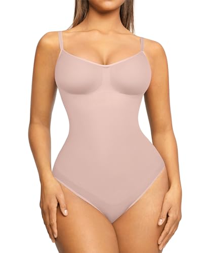 FeelinGirl Shapewear Damen Body Shaper Nahtlos Bauchweg Bodysuit Unterhose Schritt mit Knopfverschluss Miederbody mit Verstellbare Schultergurte Beige XS/S von FeelinGirl