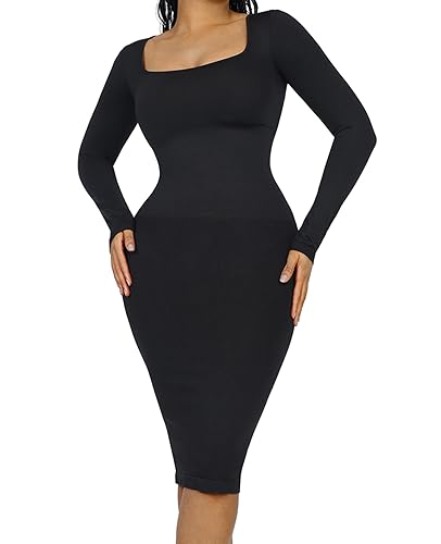 FeelinGirl Bodycon Kleid Shapewear für Damen mit Abnehmbarem BH-Pad Seamless Recyceltes Material Shaping Dress Langes mit Langarm Bauchweg Elegant Schwarz XS/S von FeelinGirl