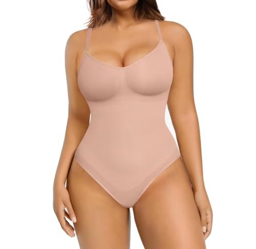 FeelinGirl Shapewear Damen Body Bauchweg Nahtlos Bodysuit V-Ausschnitt Formende Sringbody Überbrust Seamless Bodyshape mit Verstellbarer Riemen Beige 5XL von FeelinGirl