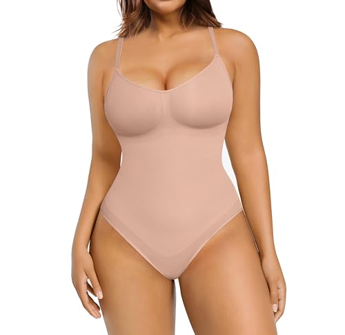 FeelinGirl Shapewear Damen Body Bauchweg Nahtlos Bodysuit V-Ausschnitt Formende Sringbody Überbrust Seamless Bodyshape mit Verstellbarer Riemen Beige M/L von FeelinGirl