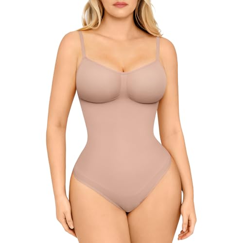 FeelinGirl Shapewear Damen Body Bauchweg Nahtlos Bodysuit V-Ausschnitt Formende Sringbody Überbrust Seamless Bodyshape mit Verstellbarer Riemen Beige XL/XXL von FeelinGirl