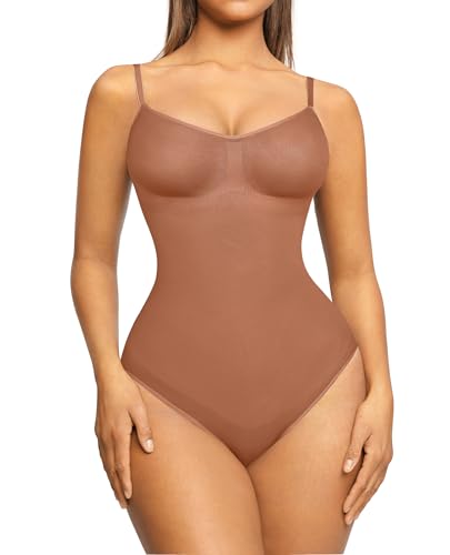 FeelinGirl Shapewear Damen Body Shaper Nahtlos Bauchweg Bodysuit Unterhose Schritt mit Knopfverschluss Miederbody mit Verstellbare Schultergurte Bronze XS/S von FeelinGirl