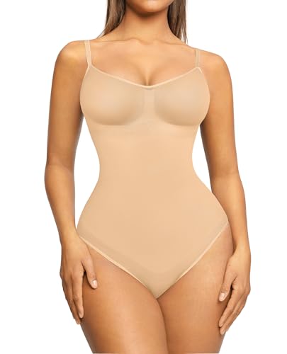 FeelinGirl Shapewear Damen Body Shaper Nahtlos Bauchweg Bodysuit Unterhose Schritt mit Knopfverschluss Miederbody mit Verstellbare Schultergurte Ocker XL/XXL von FeelinGirl