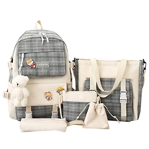 Fehploh 5-teiliges Canvas-Schulrucksack-Set, wasserdichter süßer Rucksack, kleine Canvas-Tragetaschen, Kawaii-Schulrucksäcke for Mädchen und Studenten von Fehploh