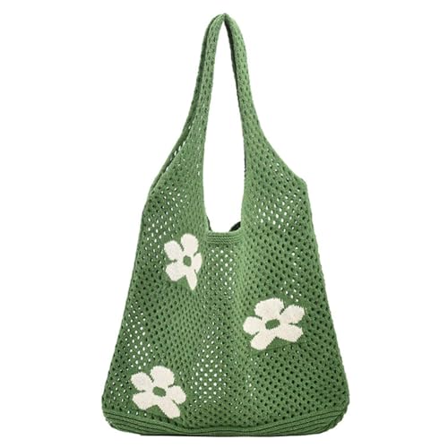 Fehploh Ästhetische Umhängetasche für Damen, Blumenmuster, Strick-Einkaufshandtasche, großes Fassungsvermögen, Häkel-Einkaufstasche, Damen-Tageshandtasche (grün) von Fehploh