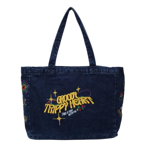 Fehploh Bestickte modische Handtasche, Retro-Reise-Shopper, ästhetische Hobo-Tasche, Denim-Umhängetasche, große Kapazität for Damen und Mädchen (Dunkelblau) von Fehploh