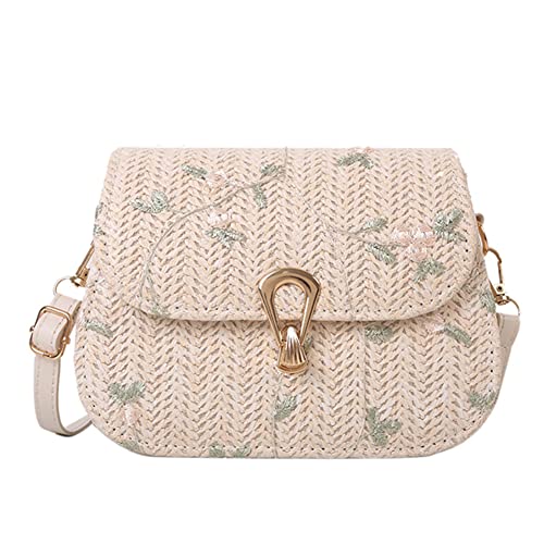 Fehploh Damen Blumen-Stroh-Geldbörse, verstellbarer Riemen, Web-Blumen-Geldbörse, Haspenverschluss, Stroh-Umhängetasche, weibliche Sommer-Strandtasche (weiß) von Fehploh