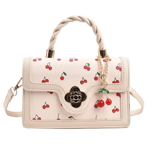 Fehploh Damen Cherry Square Chain Bag Verstellbarer Riemen Sweet Cherry Crossbody Bag Vielseitige Mode Kleine Umhängetasche Weiblich Tägliches Pendeln Tasche, weiß, 7.87x5.12x2.76inch von Fehploh