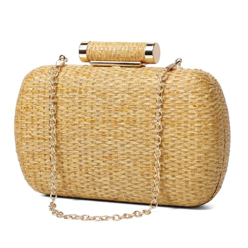 Fehploh Damen-Clutch-Geldbörse aus Stroh mit Kettenriemen, handgewebte Abendtasche, vielseitige Häkel-Umhängetasche, Damen-Party-/Hochzeitstasche (Gold) von Fehploh