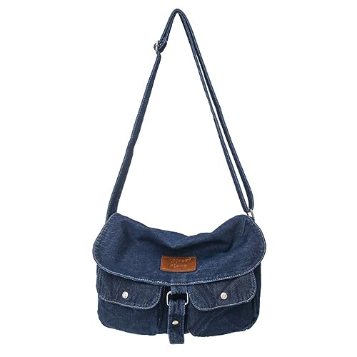 Fehploh Damen-Denim-Messenger-Tasche, vielseitig, verstellbarer Riemen, Jeans-Tasche für Reisen, Arbeit, mehrere Taschen, Denim-Umhängetasche, große Kapazität, dunkelblau, 32*8*26 cm (LWH) von Fehploh