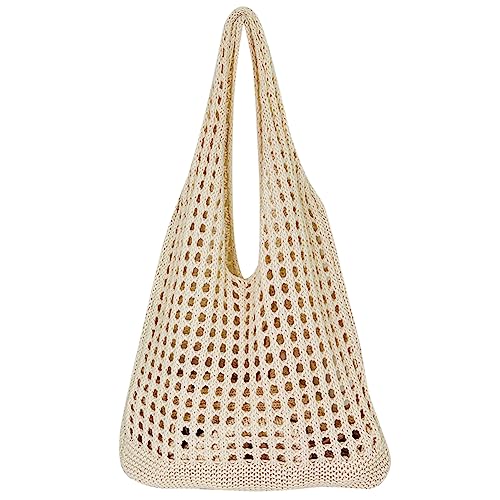 Fehploh Damen-Fischernetz-Handtasche, ausgehöhlte Strick-Umhängetasche, einfarbig, große Kapazität, gewebte Tasche for weibliche Mädchen (Beige) von Fehploh