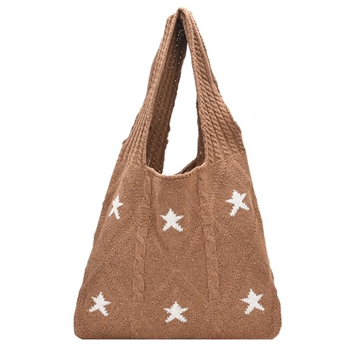 Fehploh Damen-Handtasche, gestrickt, große Kapazität, gehäkelte Einkaufstasche, Kontrastfarbe, Reise-Einkaufshandtasche, Damen-Tageshandtasche (Hellbraun) von Fehploh