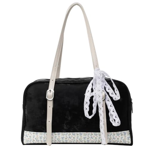 Fehploh Damen-Handtasche mit Blumenmuster, Patchwork-Tasche, PU-Leder, niedliche Unterarmtasche, große Kapazität, Freizeit, Achseltasche, Mädchen, Outdoor, Alltag, Schwarz , 11.42*6.69*3.15inch von Fehploh