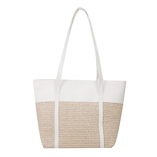 Fehploh Damen Pendlertasche, Sommer, gewebte Einkaufstasche, großes Fassungsvermögen, modische Strohtasche, einfache Damen-Strandtasche, weiß, 38.5*26*13.5cm/10.4*10.2*5.3in von Fehploh