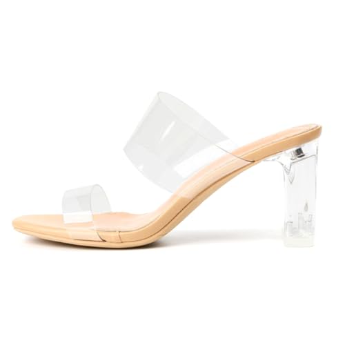 Fehploh Damen-Sandalen mit Absätzen im Freien, Slip-on-Block-High-Heel-Sandalen, offener Zehenbereich, lässige Sandalen mit zwei Riemen, rutschfest, for den Sommerurlaub (Beige 38) von Fehploh