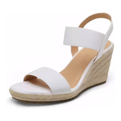 Fehploh Damen-Sandalen mit Keilabsatz, elegante Plateau-Sandalen, rutschfeste Slip-on-Sandalen, bequeme, elastische Knöchelriemen-Sandalen for Sommer, Strand (40 weiß) von Fehploh