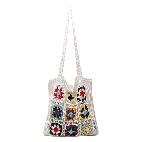 Fehploh Damen-Schultertasche, gestrickt, Bohemian-Stil, gespleißte Blumentasche, weich, ausgehöhlt, bunt, gewebte Tasche for weibliche Mädchen (weiß) von Fehploh