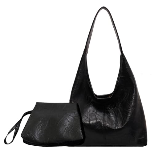 Fehploh Damen-Schultertasche aus Leder, modisch, weiche Unterarmtasche, vielseitige Hobo-Tasche und Clutch, 2-teiliges Set aus Umhängetasche und Handtasche, Pendlertasche (schwarz) von Fehploh