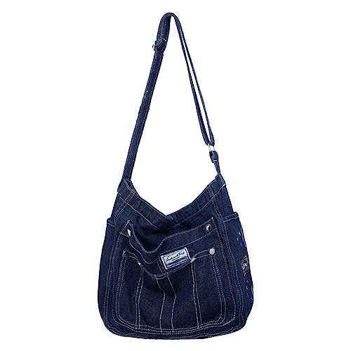 Fehploh Damen-Schultertasche mit mehreren Taschen, Damen-Umhängetasche, Denim, großes Fassungsvermögen, modisch, schlicht, lässig for Wochenendurlaub (Dunkelblau) von Fehploh