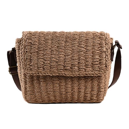 Fehploh Damen-Tasche aus gewebtem Stroh, gewebte Umhängetasche, Vintage, kleine quadratische Umhängetasche, verstellbarer Riemen, handgefertigte Reisetasche mit Klappe (Hellbraun) von Fehploh