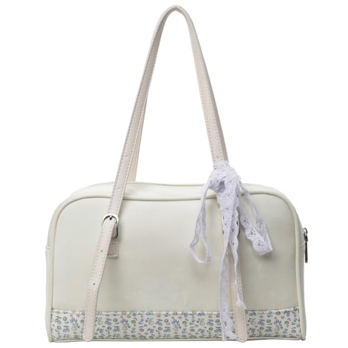 Fehploh Damen-Tasche mit Blumen-Patchwork, PU-Leder, einfache Tragetasche, großes Fassungsvermögen, modische Tragetasche, Mädchen-Outdoor-Tagestasche (Beige) von Fehploh