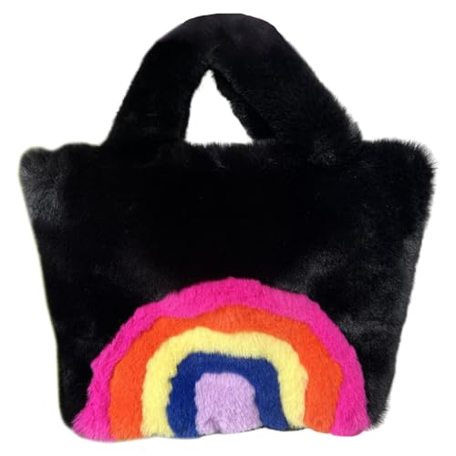 Fehploh Damen-Tasche mit großem Fassungsvermögen, Regenbogen-Design, Wintertaschen, Schnallenverschluss, luxuriöse Schultertasche, pelzig, abnehmbarer Schultergurt für Shopping, Reisen (schw von Fehploh