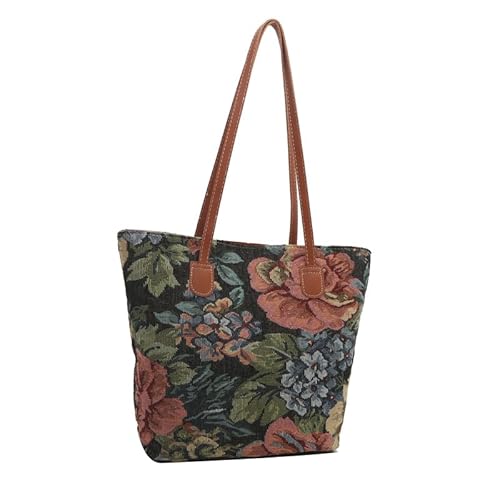 Fehploh Damen-Tragetasche aus Segeltuch mit Blumenmuster, modische Umhängetasche, großes Fassungsvermögen, stilvolle Pendeltasche, passende elegante Handtasche für Party, Urlaub (schwarz) von Fehploh